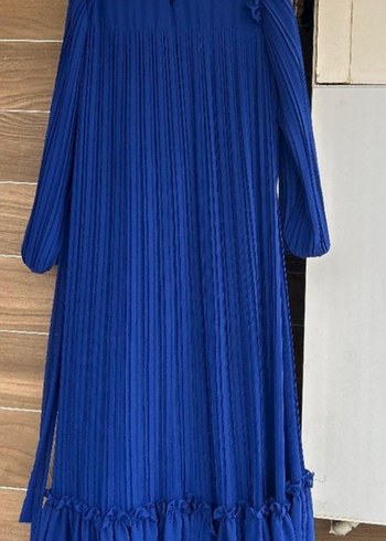 Uzun Kollu Mavi Piliseli Kadın Elbise - Görsel 3