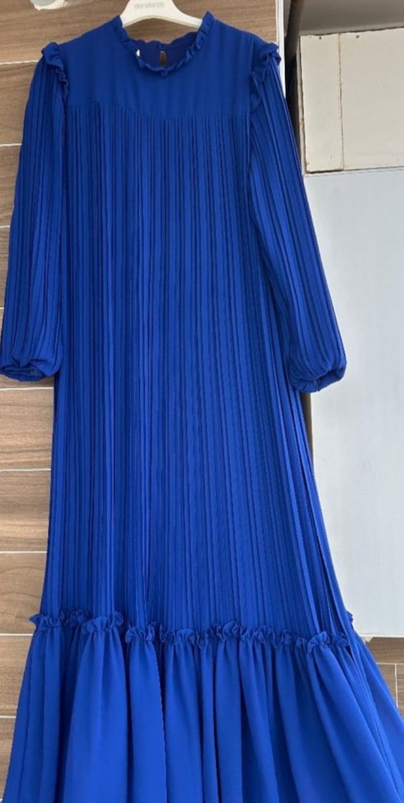 Uzun Kollu Mavi Piliseli Kadın Elbise - Görsel 2