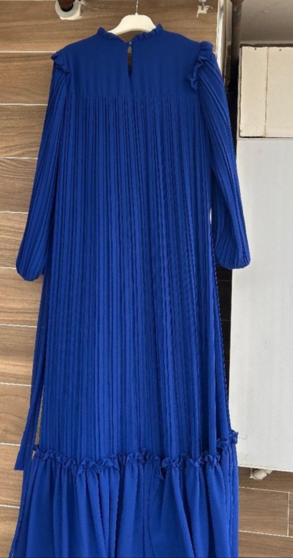 Uzun Kollu Mavi Piliseli Kadın Elbise - Görsel 3