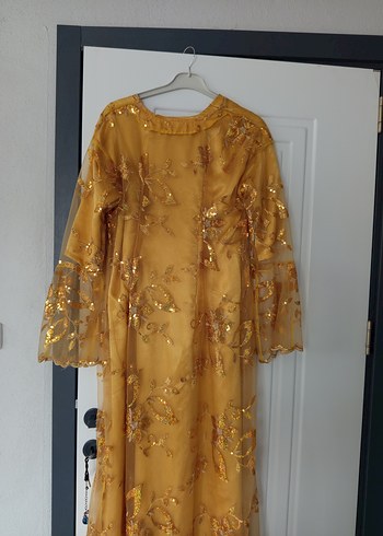 Bej İşlemeli Uzun Kollu Bohem Uzun Elbise - Görsel 2