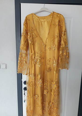 Bej İşlemeli Uzun Kollu Bohem Uzun Elbise - Görsel 4