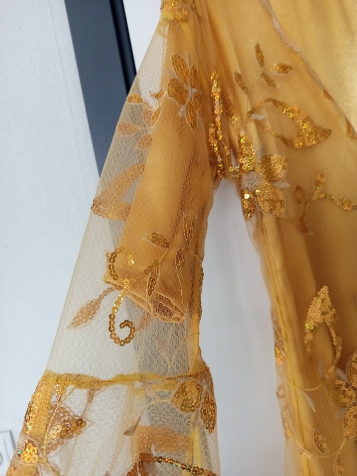 Bej İşlemeli Uzun Kollu Bohem Uzun Elbise - Görsel 3