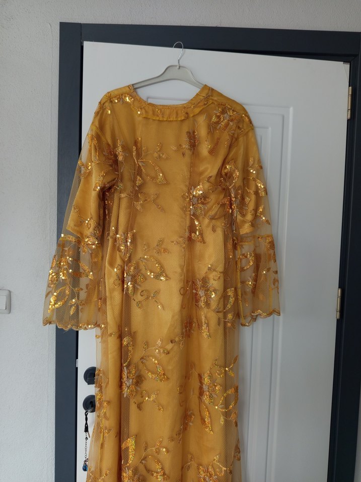 Bej İşlemeli Uzun Kollu Bohem Uzun Elbise - Görsel 2