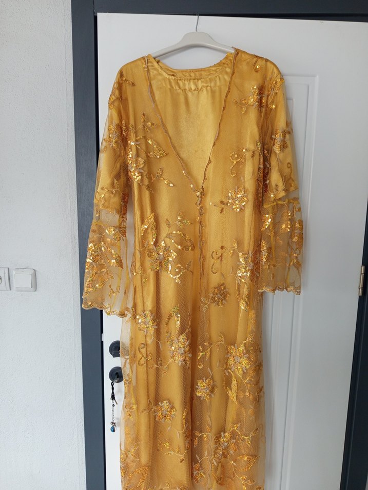 Bej İşlemeli Uzun Kollu Bohem Uzun Elbise - Görsel 4