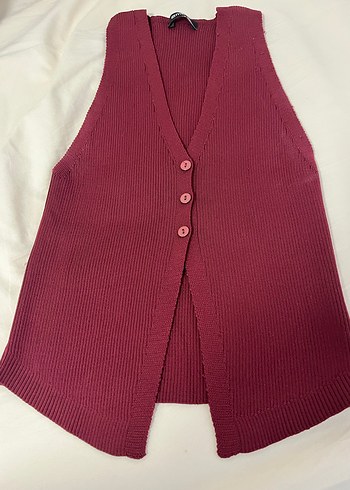 Bordo Düğmeli V Yaka Triko Kadın Yelek - Görsel 3