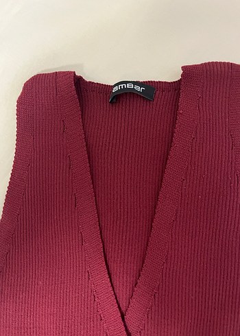 Bordo Düğmeli V Yaka Triko Kadın Yelek - Görsel 2