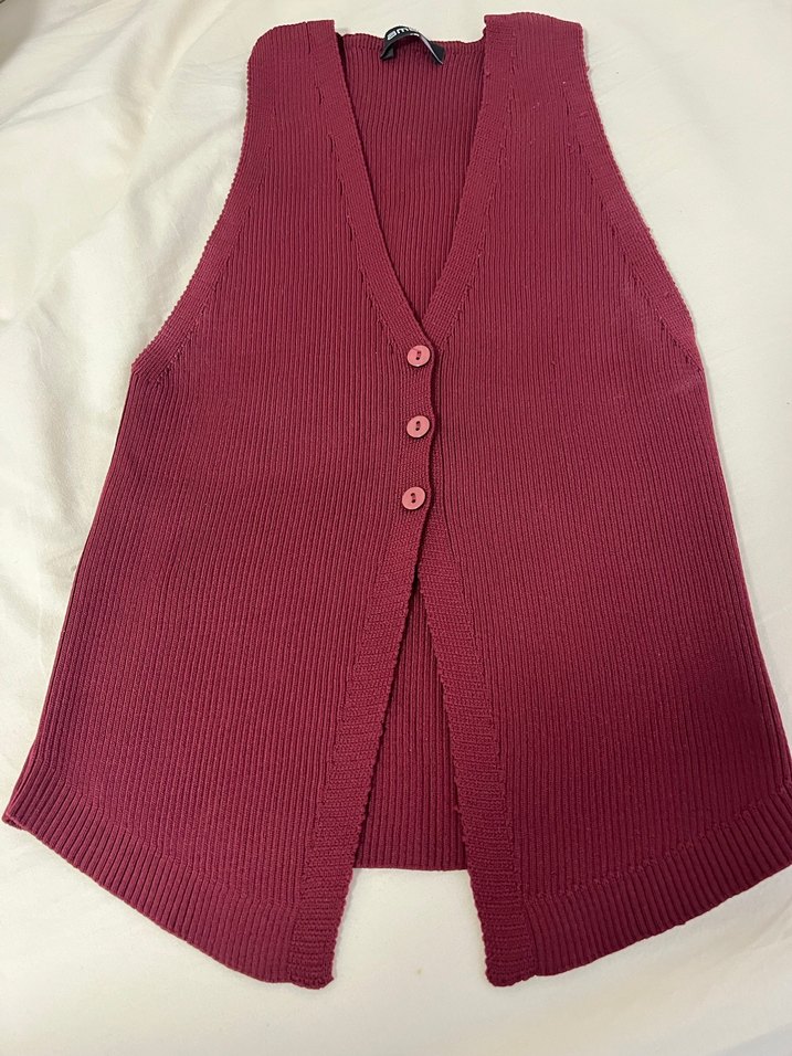 Bordo Düğmeli V Yaka Triko Kadın Yelek - Görsel 3