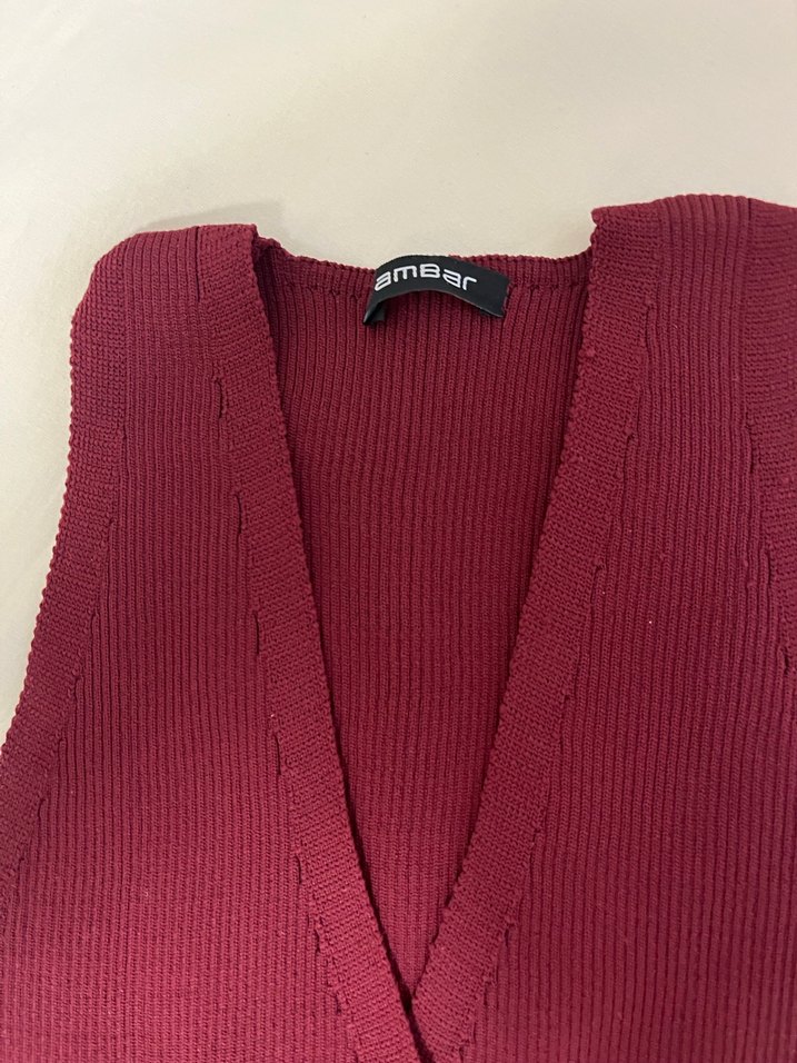 Bordo Düğmeli V Yaka Triko Kadın Yelek - Görsel 2