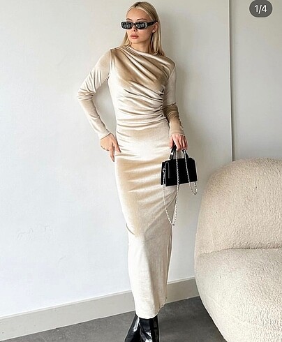 Zara Bisiklet yaka drapeli maxi kadife elbise