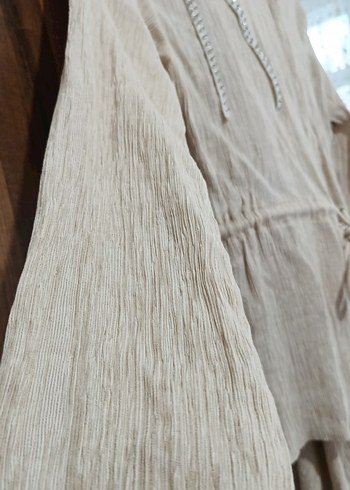 Bej Uzun Kollu Keten Kadın Gömlek - Görsel 4