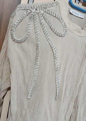 Bej Uzun Kollu Keten Kadın Gömlek - Görsel 2