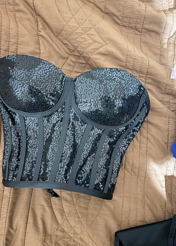 Siyah Payetli Straplez Mini Büstiyer - Görsel 4