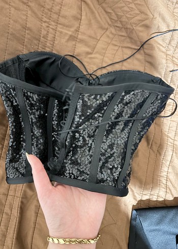 Siyah Payetli Straplez Mini Büstiyer - Görsel 5