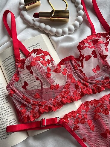 diğer Beden kırmızı Renk Kırmızı Kalp Detaylı Bralet Takım