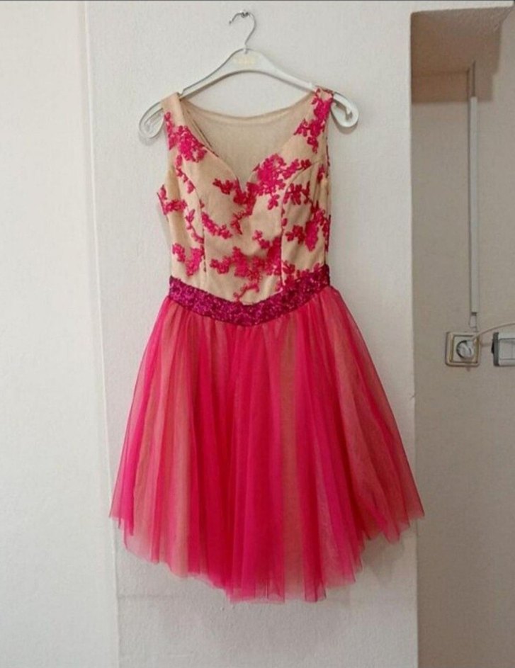 Pembe Nakışlı Mini Dantel Abiye Elbise - Görsel 2