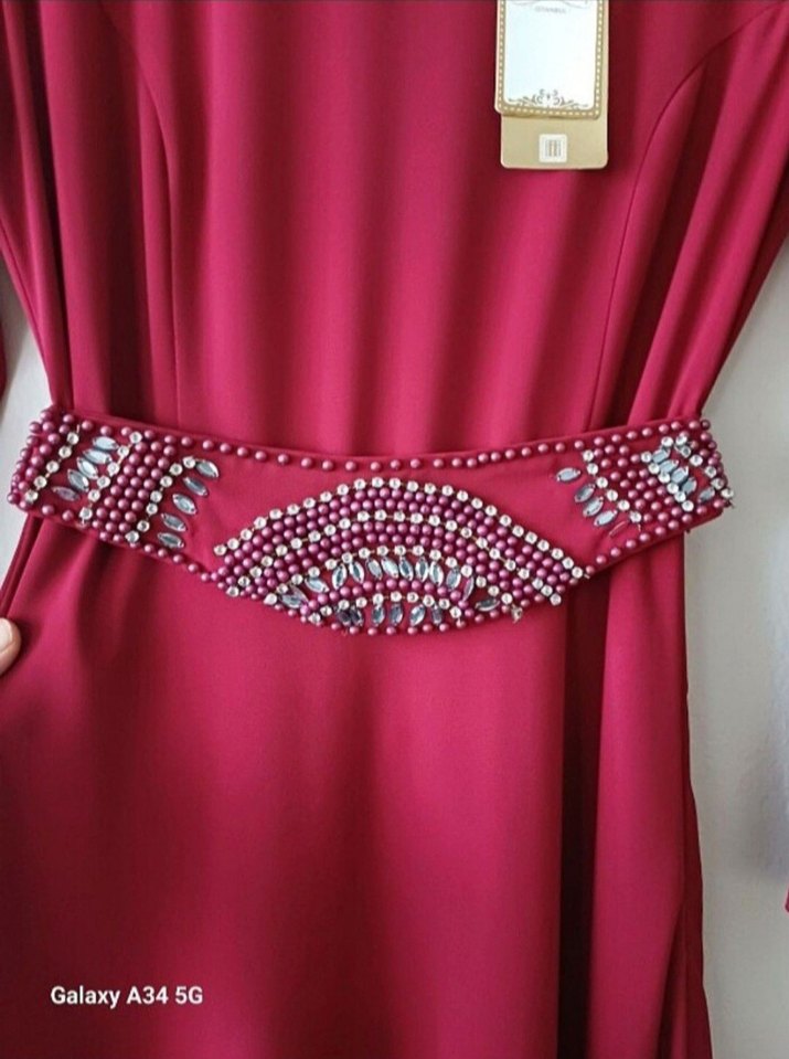 Bordo Drapeli Uzun Kol Tesettür Elbise - Görsel 5