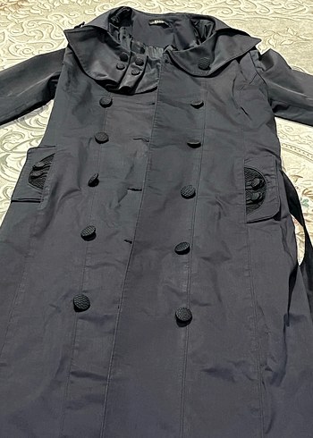 Kadın Lacivert Düğmeli Uzun Trençkot - Görsel 3