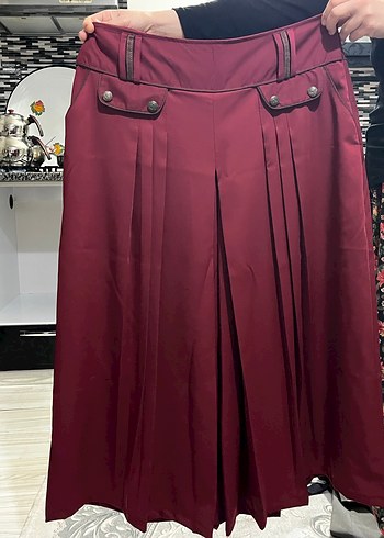 Bordo Piliseli Midi Kadın Etek pantolon - Görsel 3