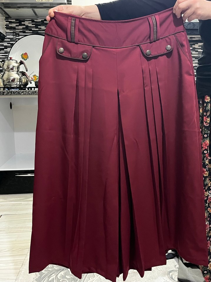 Bordo Piliseli Midi Kadın Etek pantolon - Görsel 3