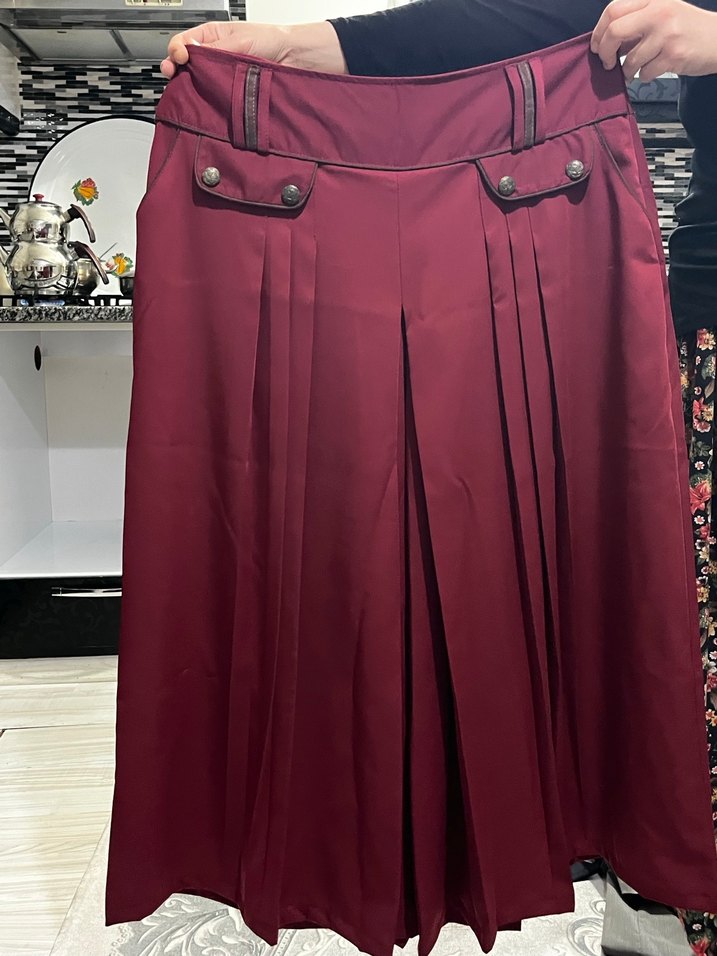 Bordo Piliseli Midi Kadın Etek pantolon - Görsel 4