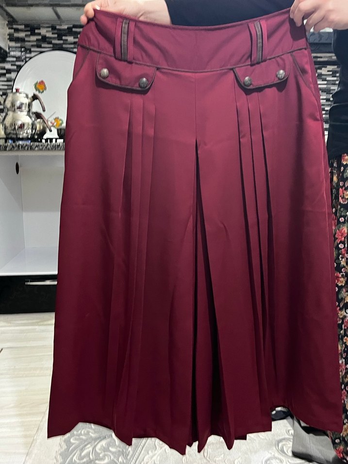 Bordo Piliseli Midi Kadın Etek pantolon - Görsel 2