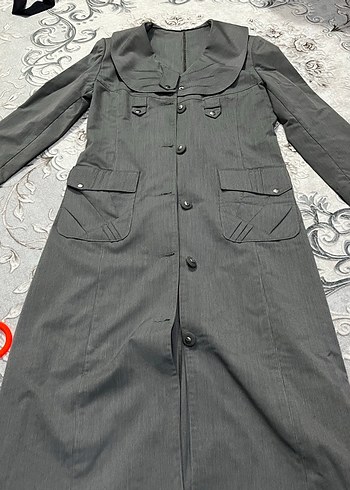 Gri Uzun Düğmeli Kadın Keten Kaban - Görsel 4