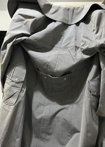 Gri Uzun Düğmeli Kadın Keten Kaban - Görsel 6