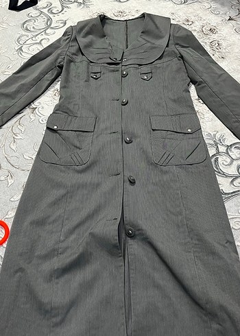 Gri Uzun Düğmeli Kadın Keten Kaban - Görsel 3