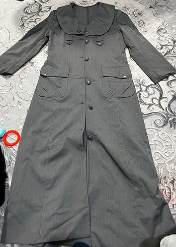 Gri Uzun Düğmeli Kadın Keten Kaban - Görsel 2