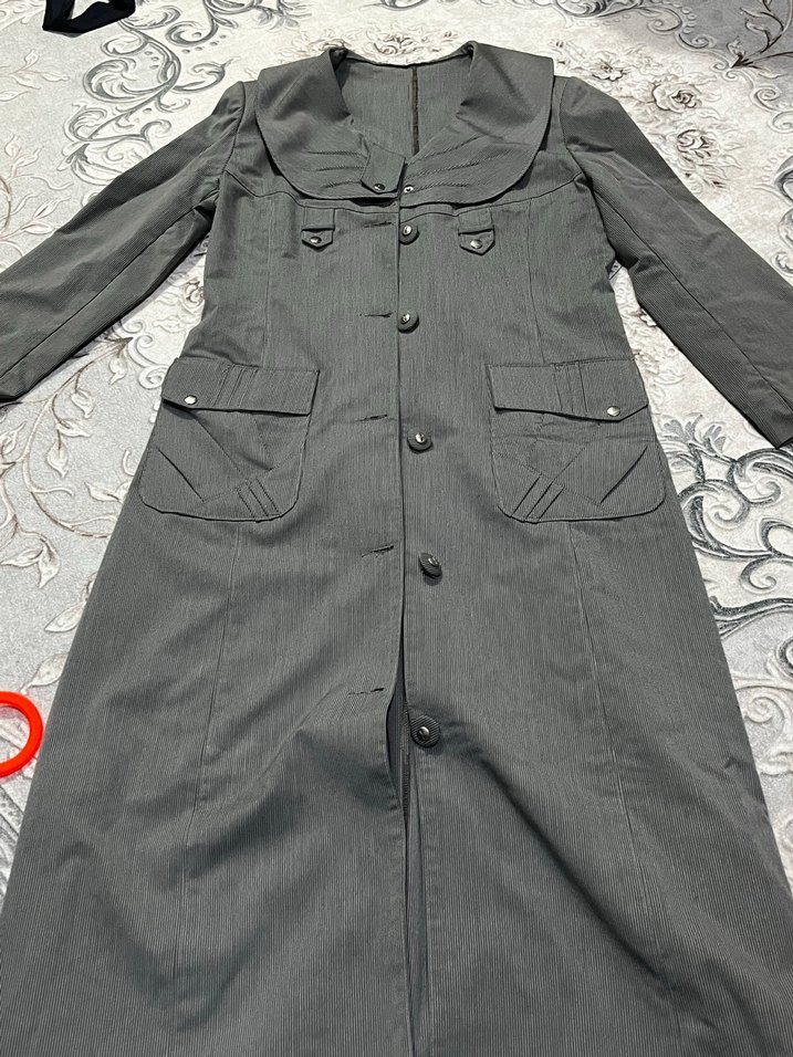 Gri Uzun Düğmeli Kadın Keten Kaban - Görsel 4