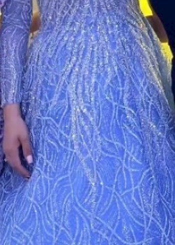 Uzun Kollu Gri Mavi İşlemeli Abiye Elbise - Görsel 2