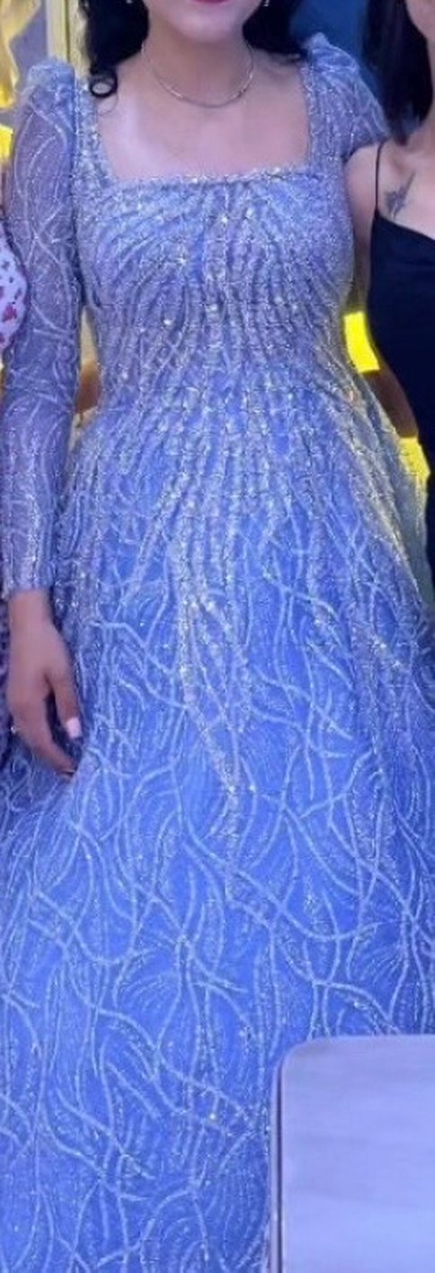 Uzun Kollu Gri Mavi İşlemeli Abiye Elbise - Görsel 2