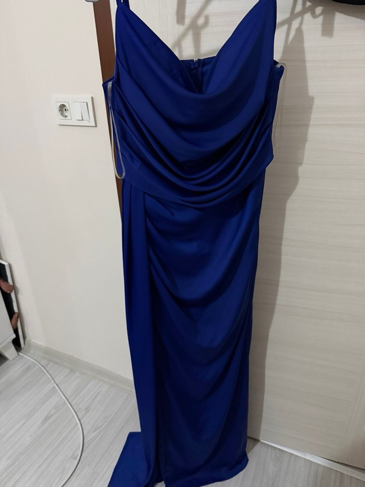 Lacivert Drapeli yırtmaç detaylı 
Uzun Abiye Elbise - Görsel 2