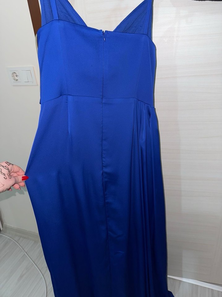 Lacivert Drapeli yırtmaç detaylı 
Uzun Abiye Elbise - Görsel 4