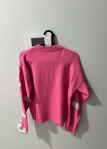 Pembe Bulut Desenli Örgü Kadın Kazak - Görsel 3