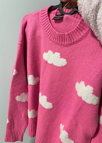 Pembe Bulut Desenli Örgü Kadın Kazak - Görsel 2