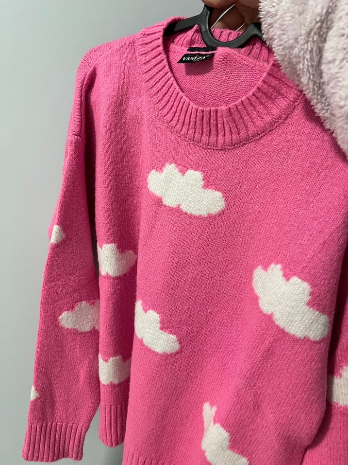 Pembe Bulut Desenli Örgü Kadın Kazak - Görsel 2