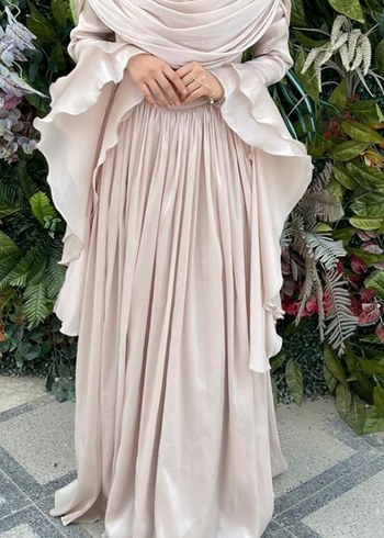 Bej Uzun Kollu Bohem Kadın Abiye Elbise - Görsel 3