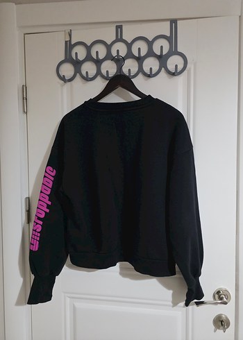 xl Beden siyah Renk Pembe Baskılı, Uzun Kollu Siyah Sweatshirt