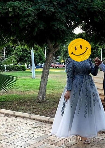 Abiye Uzun Kollu Gri İşlemeli Abiye Elbise