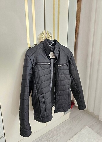 Erkek slim fit deri görünümlü mont