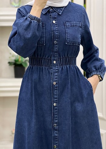 Düğmeli Uzun kot Denim Elbise - Görsel 4