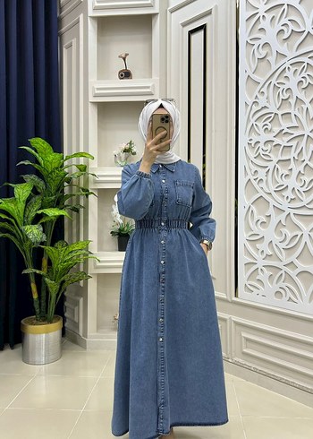 Düğmeli Uzun kot Denim Elbise - Görsel 5