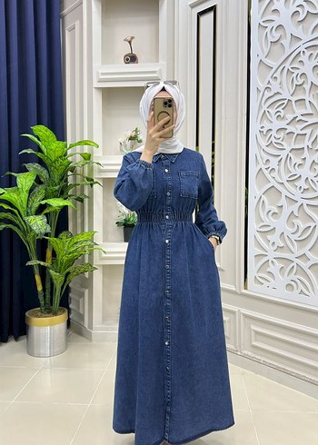 Düğmeli Uzun kot Denim Elbise - Görsel 3