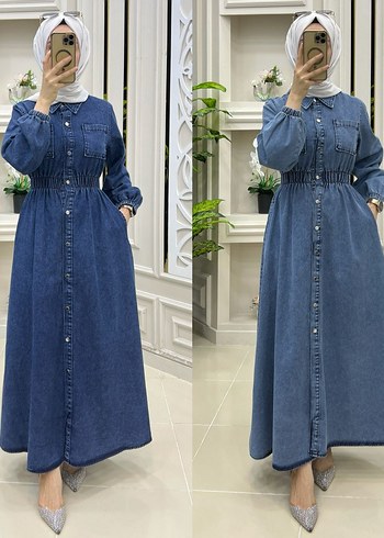Düğmeli Uzun kot Denim Elbise - Görsel 2
