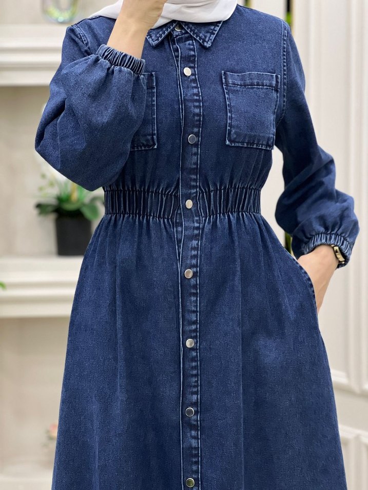 Düğmeli Uzun kot Denim Elbise - Görsel 4