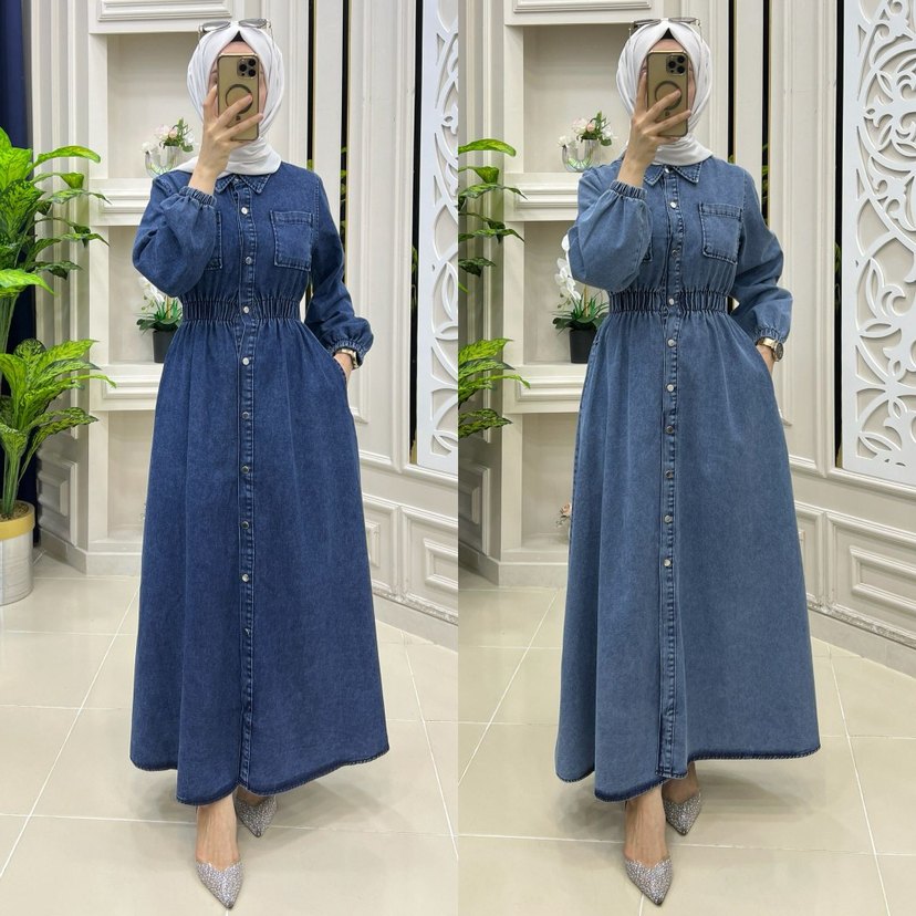 Düğmeli Uzun kot Denim Elbise - Görsel 2