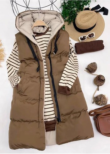 Siyah Kapüşonlu Uzun Kadın Şişme Yelek - Görsel 2