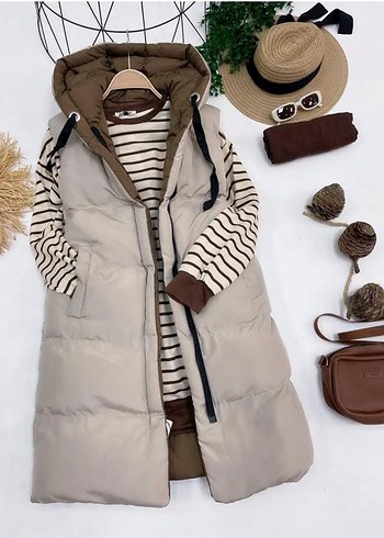 Siyah Kapüşonlu Uzun Kadın Şişme Yelek - Görsel 3