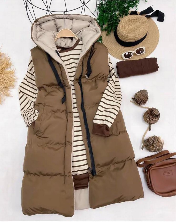 Siyah Kapüşonlu Uzun Kadın Şişme Yelek - Görsel 2